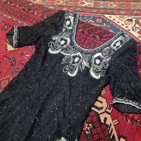 Vtg Lawrence Kazar Beaded Silk Dress Sz M - Picture 4 of 9